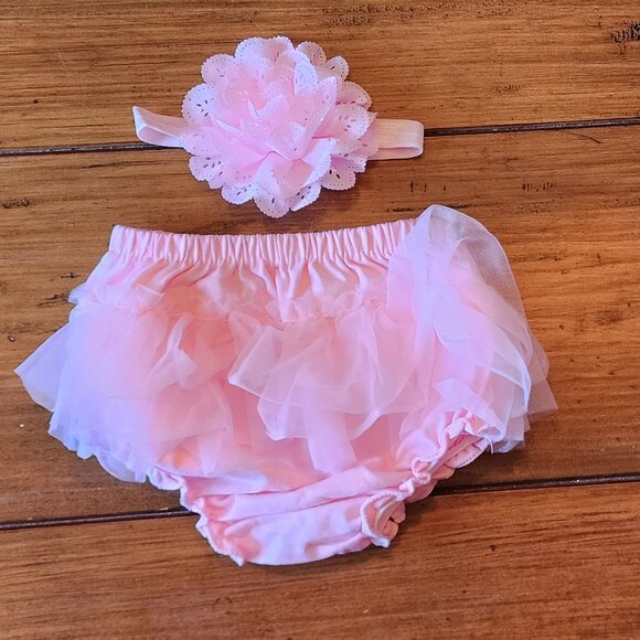 Infant Cotton Tulle Ruffle with Bow Diaper Cover and headband NEW - Picture 1 of 6